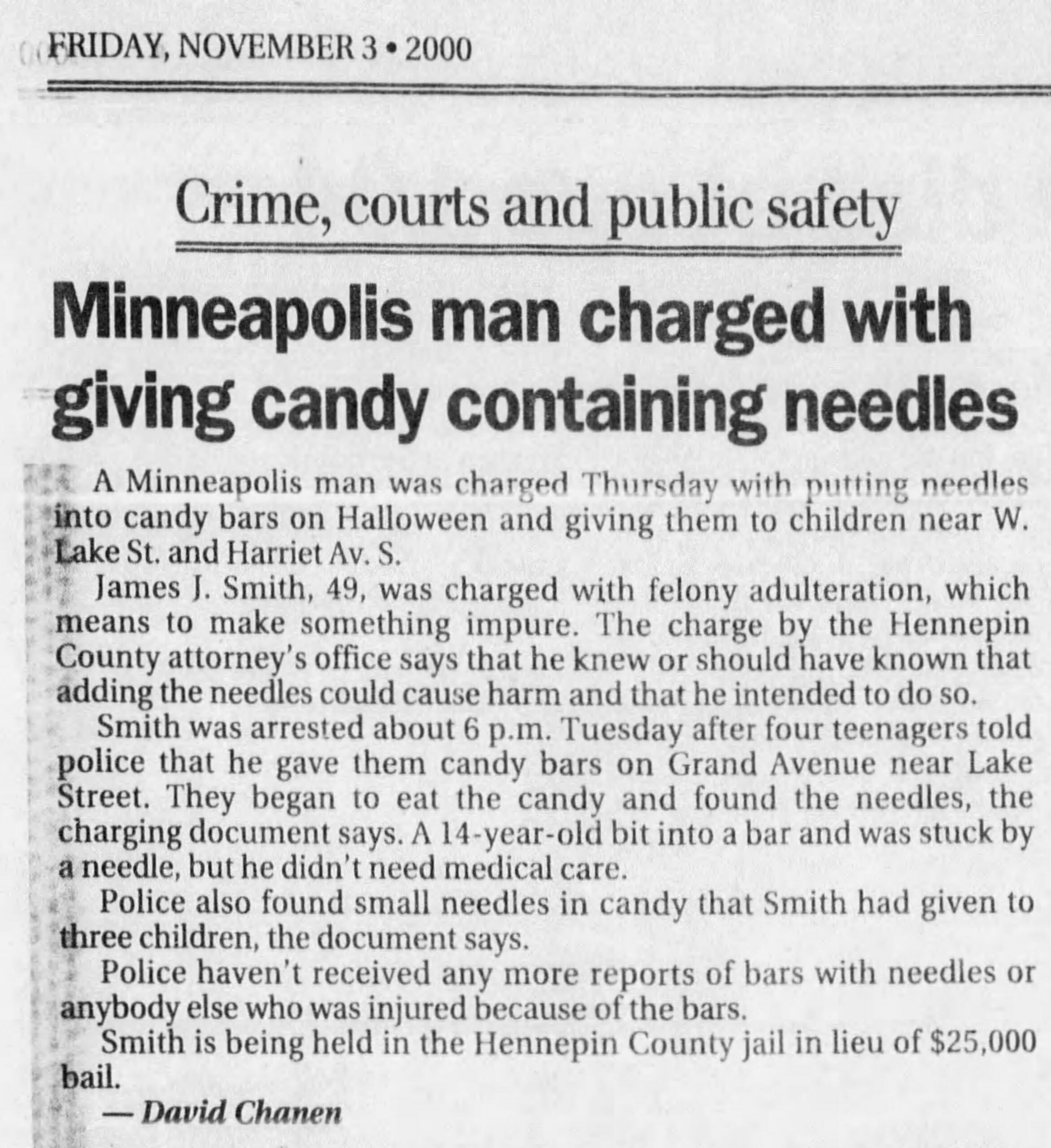 Pins and razors and needles in Halloween candy is the subject of this story.