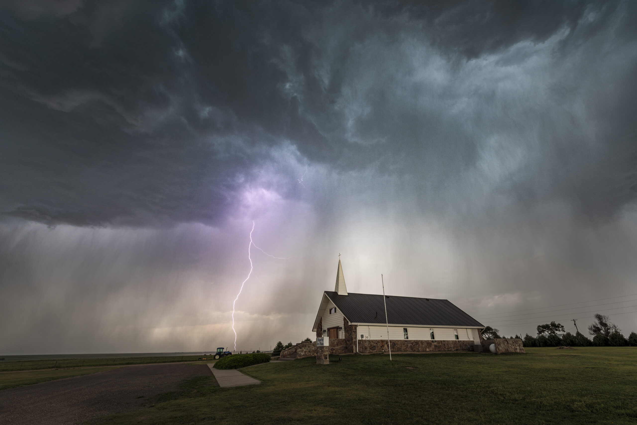 Chapel of the Plains with a lightning strike, Colorado. USA - stock photo