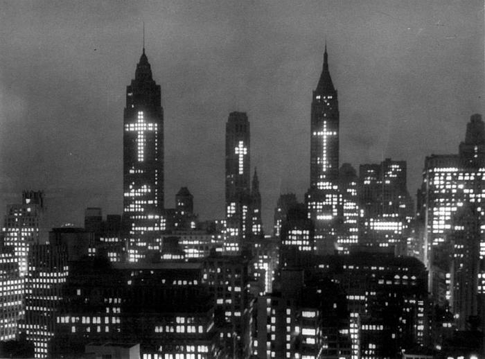 New York City buildings lit for Easter 1956