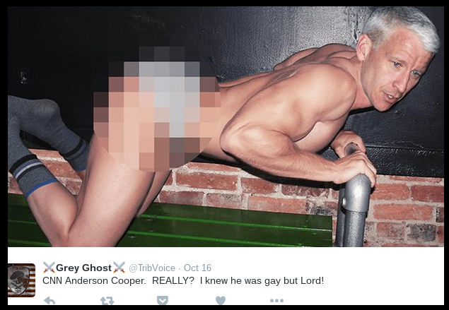 An image purporting to show Anderson Cooper posing on a bench in a pair of ...