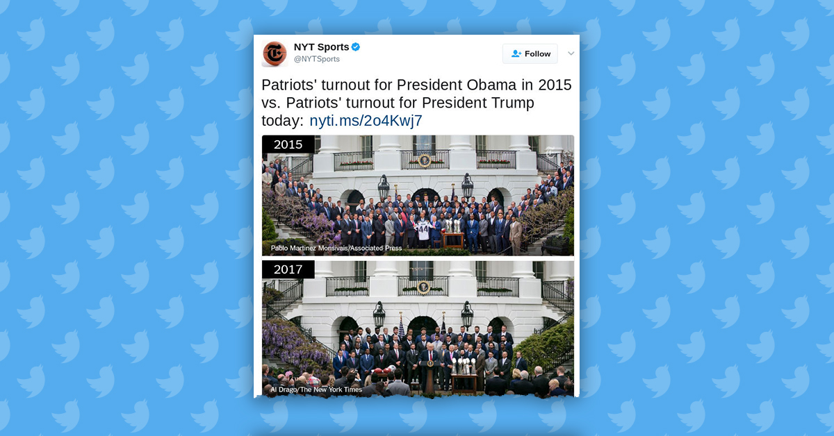 NYT Sports tweet about Patriots attendance at the White House in 2017
