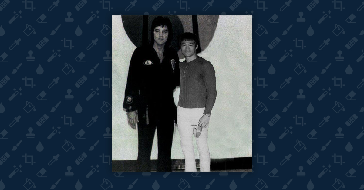 Hoax image of Elvis Presley standing in a dojo with Bruce Lee