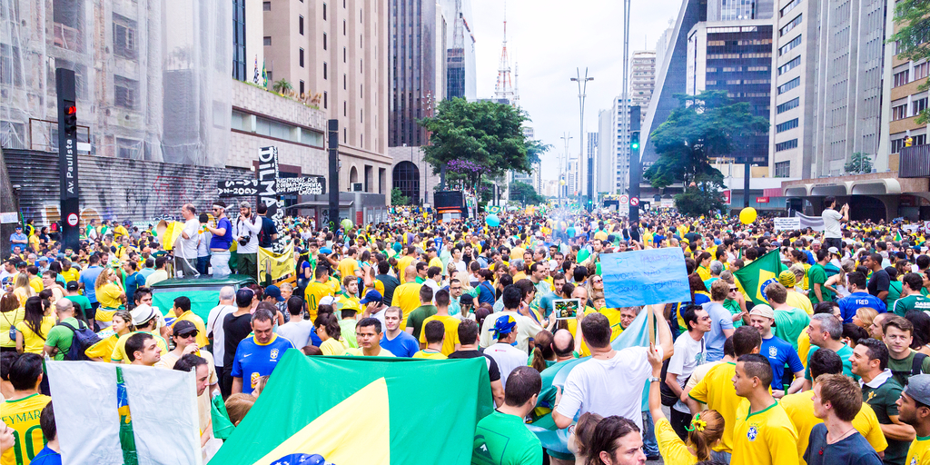Crowd marching in the street in Sao Paolo, Brazil in March 2015