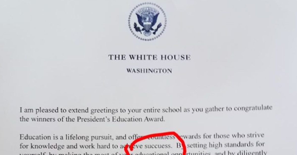 Image of purported spelling error in an official White House letter