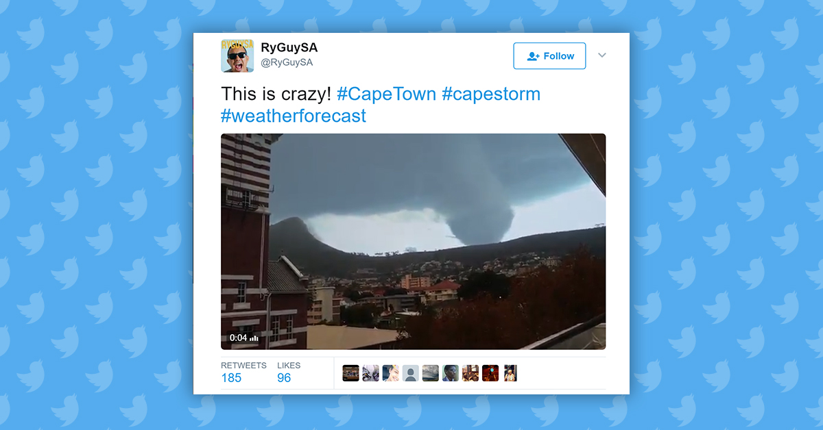 Still from doctored video purporting to show tornadoes in Cape Town, South Africa.