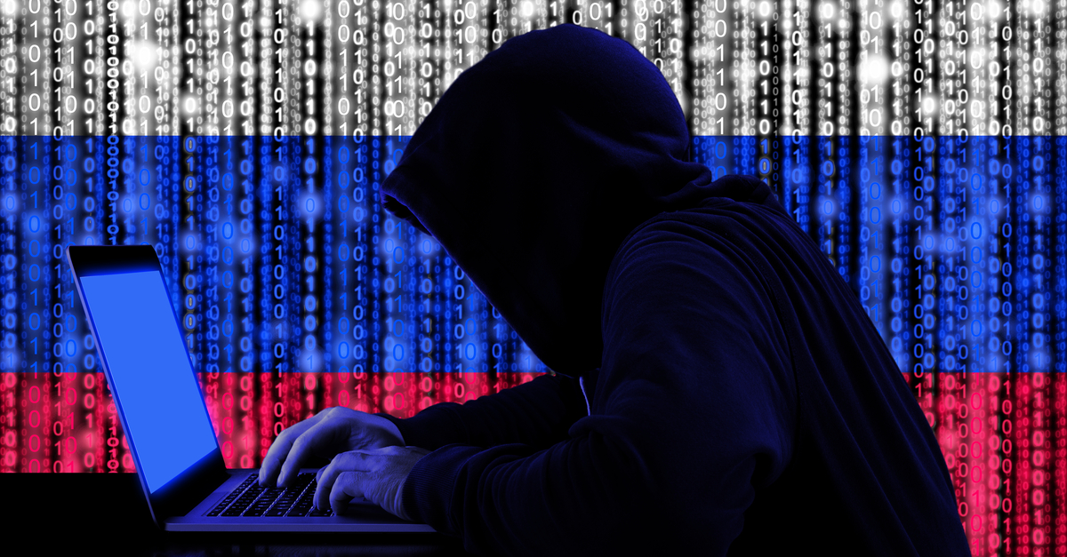 Art showing a hacker in a hoodie with the Russian flag as background