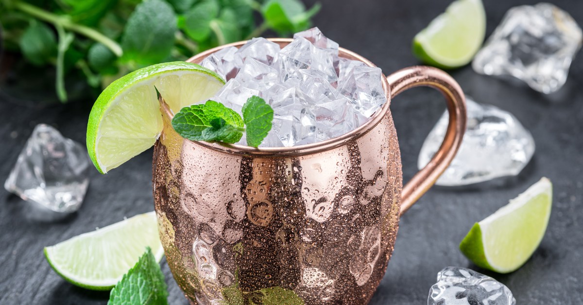 Alcoholic drink Moscow Mule in a copper mug