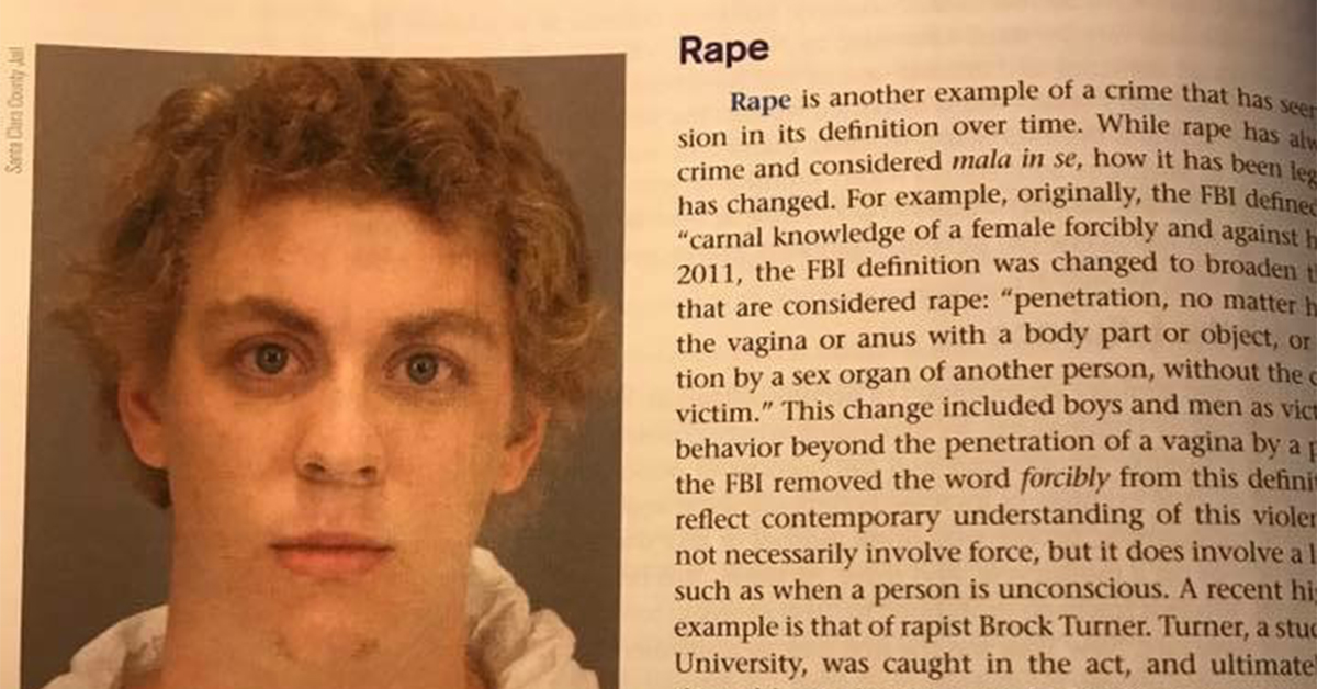 Textbook featuring Brock Turner next to "rape" entry