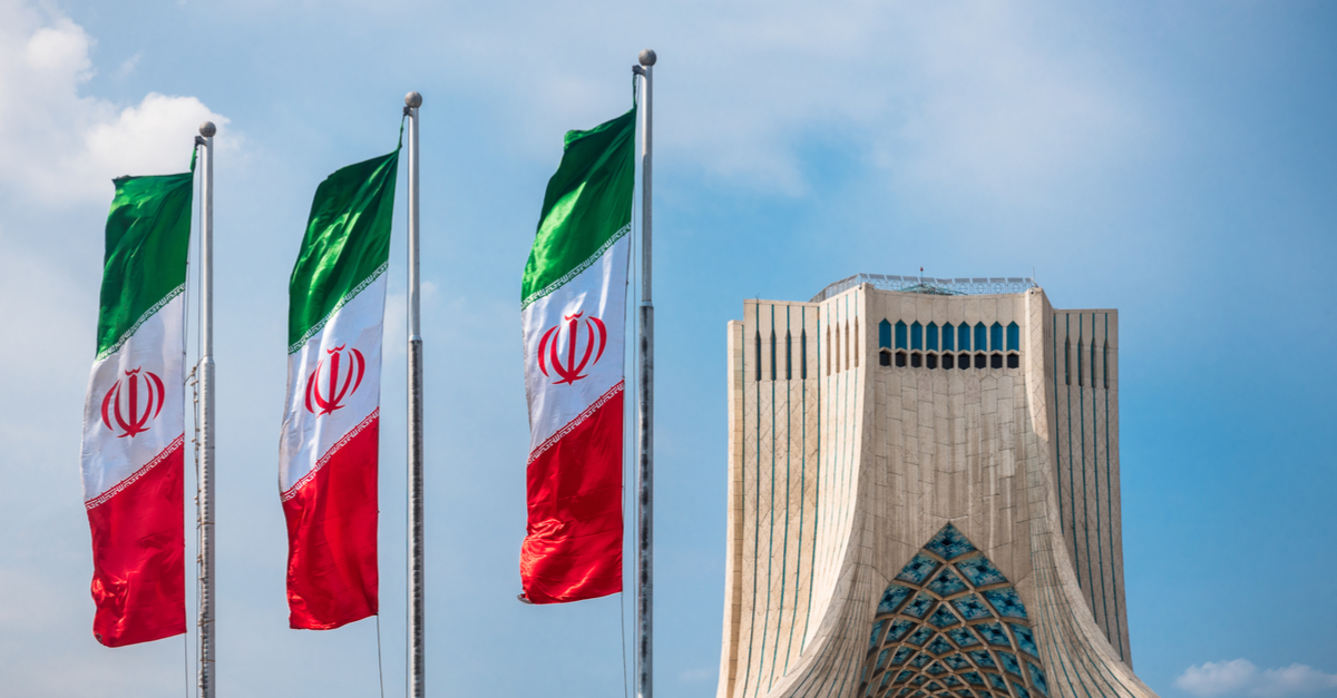 Iran's Azadi Tower (Freedom Tower) with Iranian flags, Tehran.