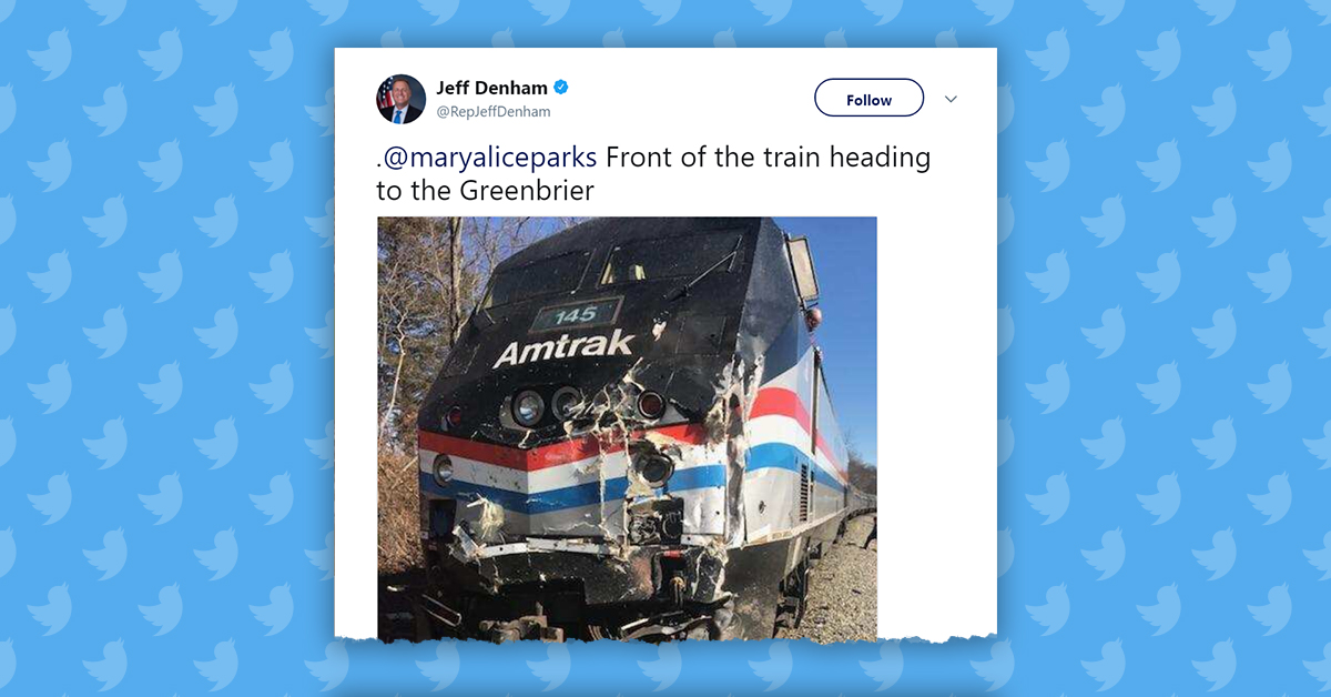 Twitter post of Jeff Denham, ".@maryaliceparks Front of the train heading to the Greenbrier" with photo of Amtrak train damage