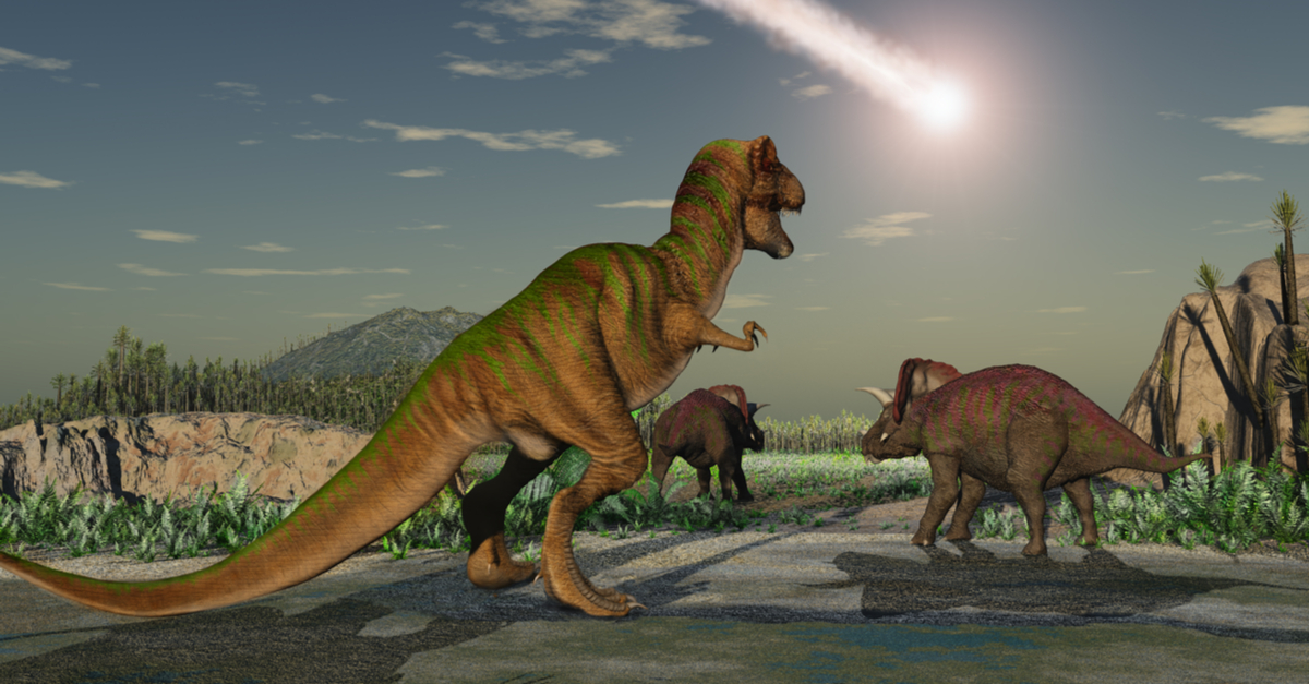 Artist's rendering of dinosaurs looking at an asteroid in the sky.