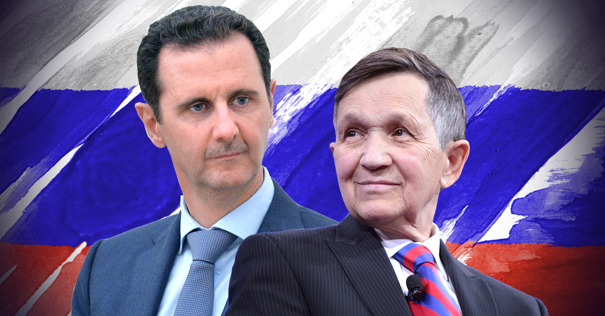 Bashar al-Assad and Dennis Kucinich with a Russian flag background.