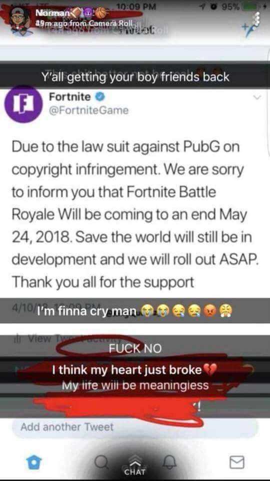 due to a law suit against pubg on copyright infringement we are sorry to inform you that fortnite battle royale will be coming to an end may 20 2018 - epic fortnite twitter