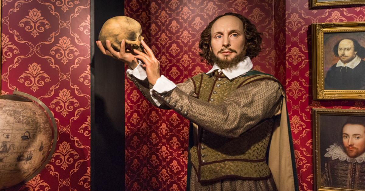 Wax sculpture of William Shakespeare as Hamlet.