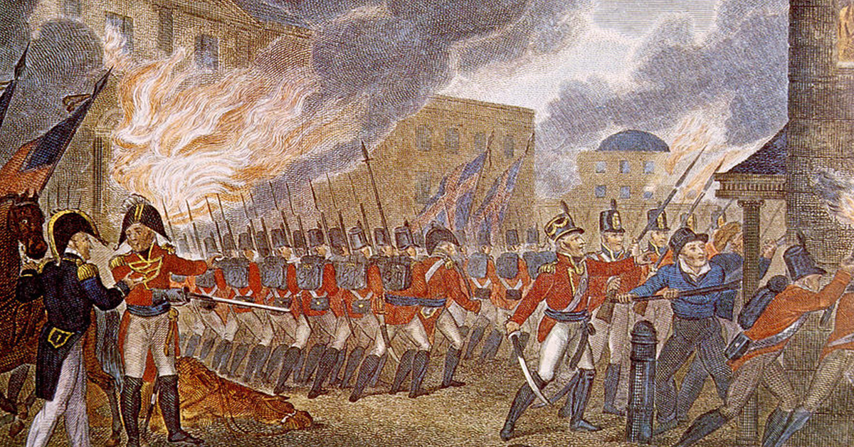 British burning Washington; this illustration is from the 1816 book, The History of England, from the Earliest Periods, Volume 1 by Paul M. Rapin de Thoyras. The source holder, of this book, is the U.S. Library of Congress.
