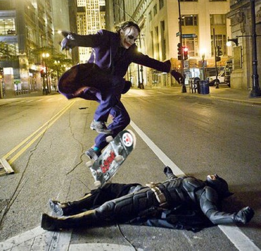 A doctored image purportedly showing Heath Ledger's Joker doing a kick...