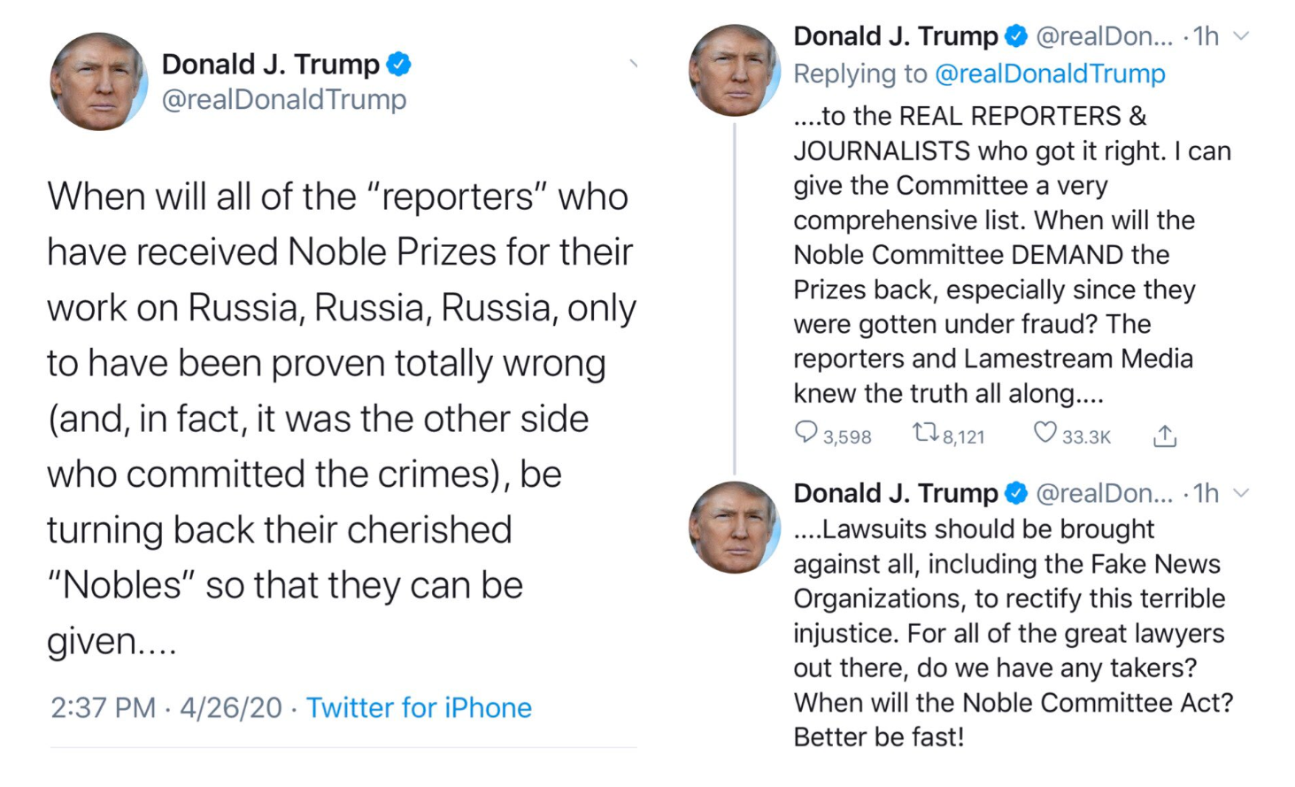 trump tweets noble prizes