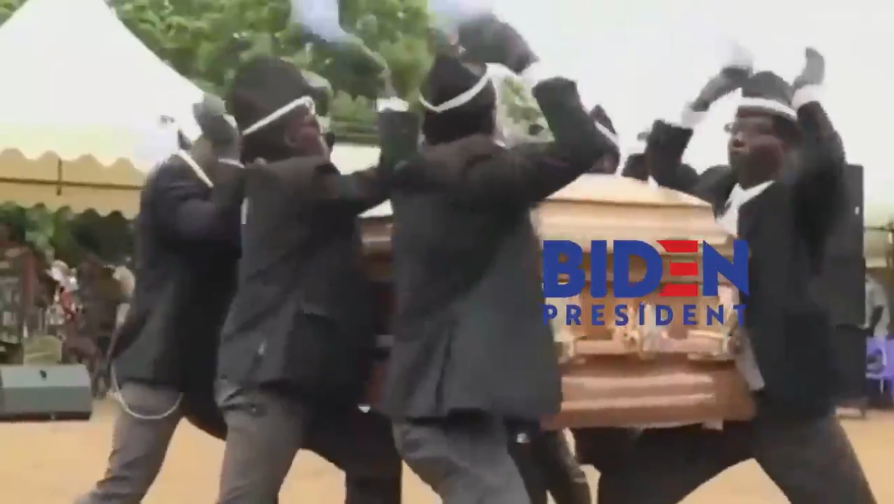 trump shared coffin video biden logo