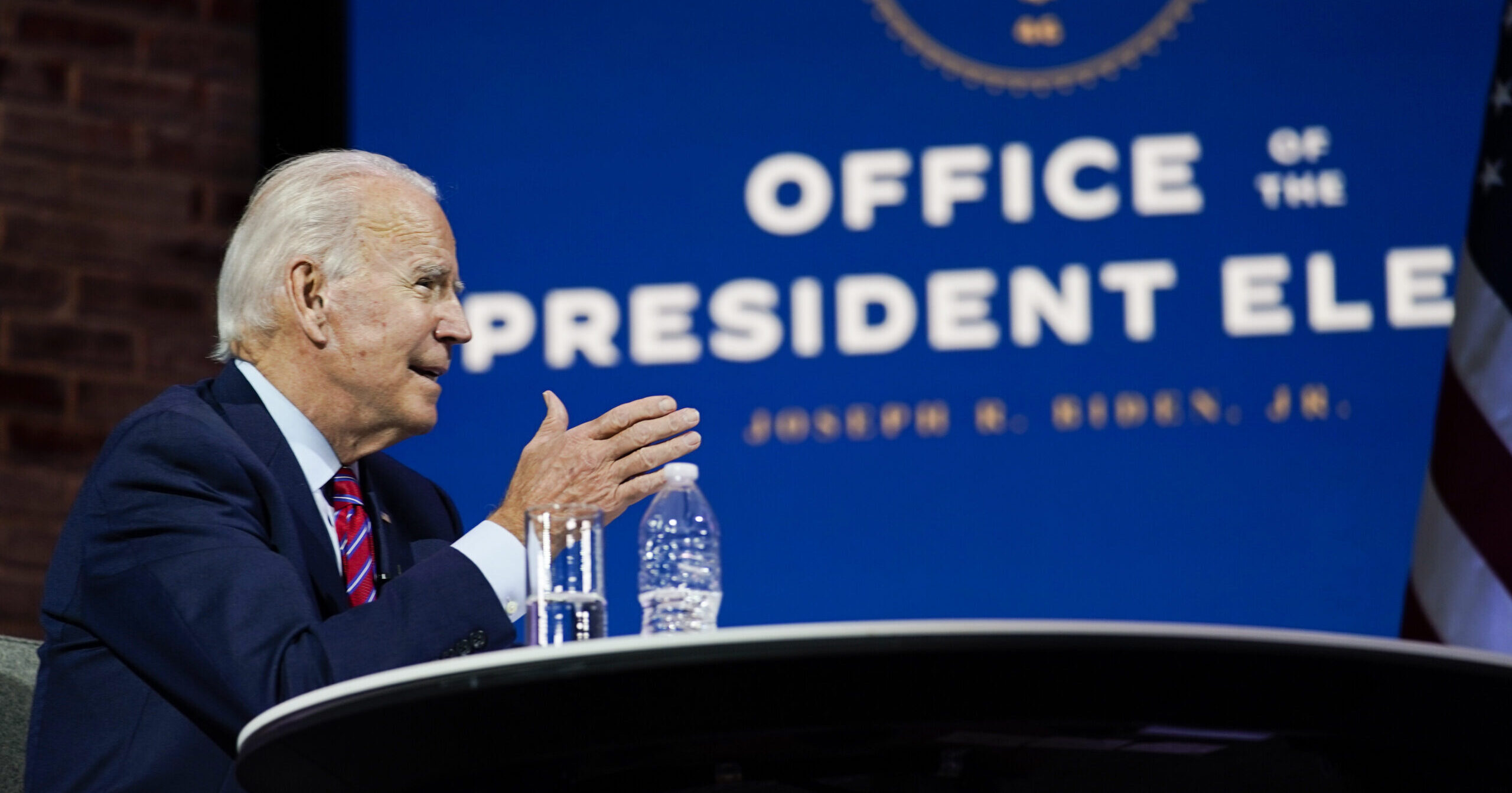 President-elect Joe Biden speaks during a meeting at The Queen theater Monday, Nov. 23, 2020, in Wilmington, Del. (AP Photo/Carolyn Kaster)