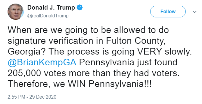 Donald Trump tweet: 'Pennsylvania just found 205,000 more votes than they had voters. Therefore, we WIN Pennsylvania!!!'