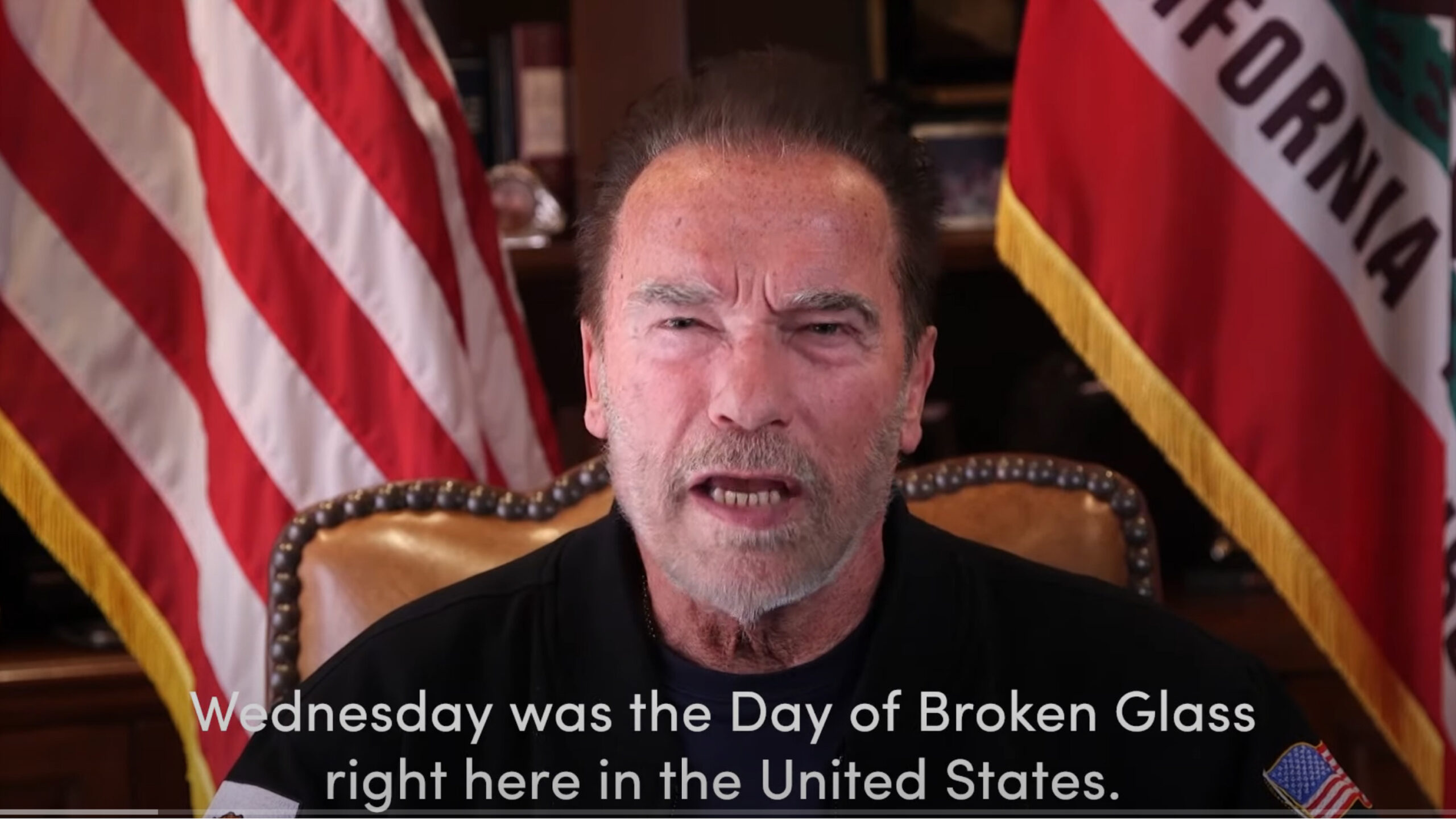 This Sunday, Jan. 10, 2021, image from a video released by Schwarzenegger shows former Republican California Gov. Arnold Schwarzenegger delivering a public message. Schwarzenegger compared the mob that stormed the U.S. Capitol to the Nazis and called President Donald Trump a failed leader who “will go down in history as the worst president ever.” (Frank Fastner/Arnold Schwarzenegger via AP)