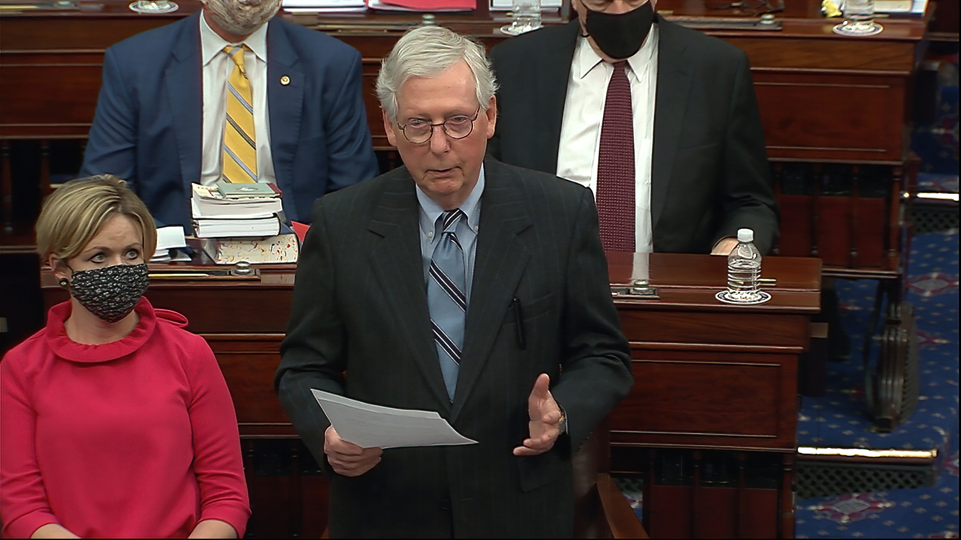 In this image from video, Senate Minority Leader Mitch McConnell of Ky., speaks before the Senate voted to award the Congressional Gold Medal to U.S. Capitol Police offer Eugene Goodman for his actions during the Jan. 6 riot, as the Senate took a break from the second impeachment trial of former President Donald Trump in the Senate at the U.S. Capitol in Washington, Friday, Feb. 12, 2021. (Senate Television via AP)