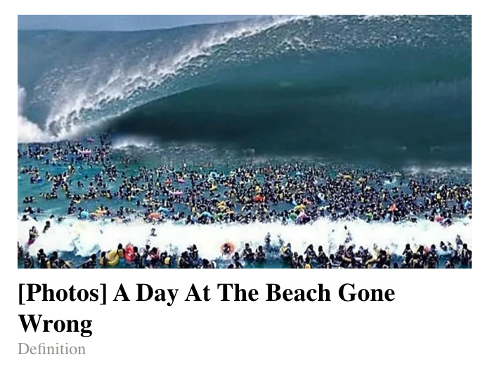 huge massive tidal wave large ocean beach crowded people tsunami