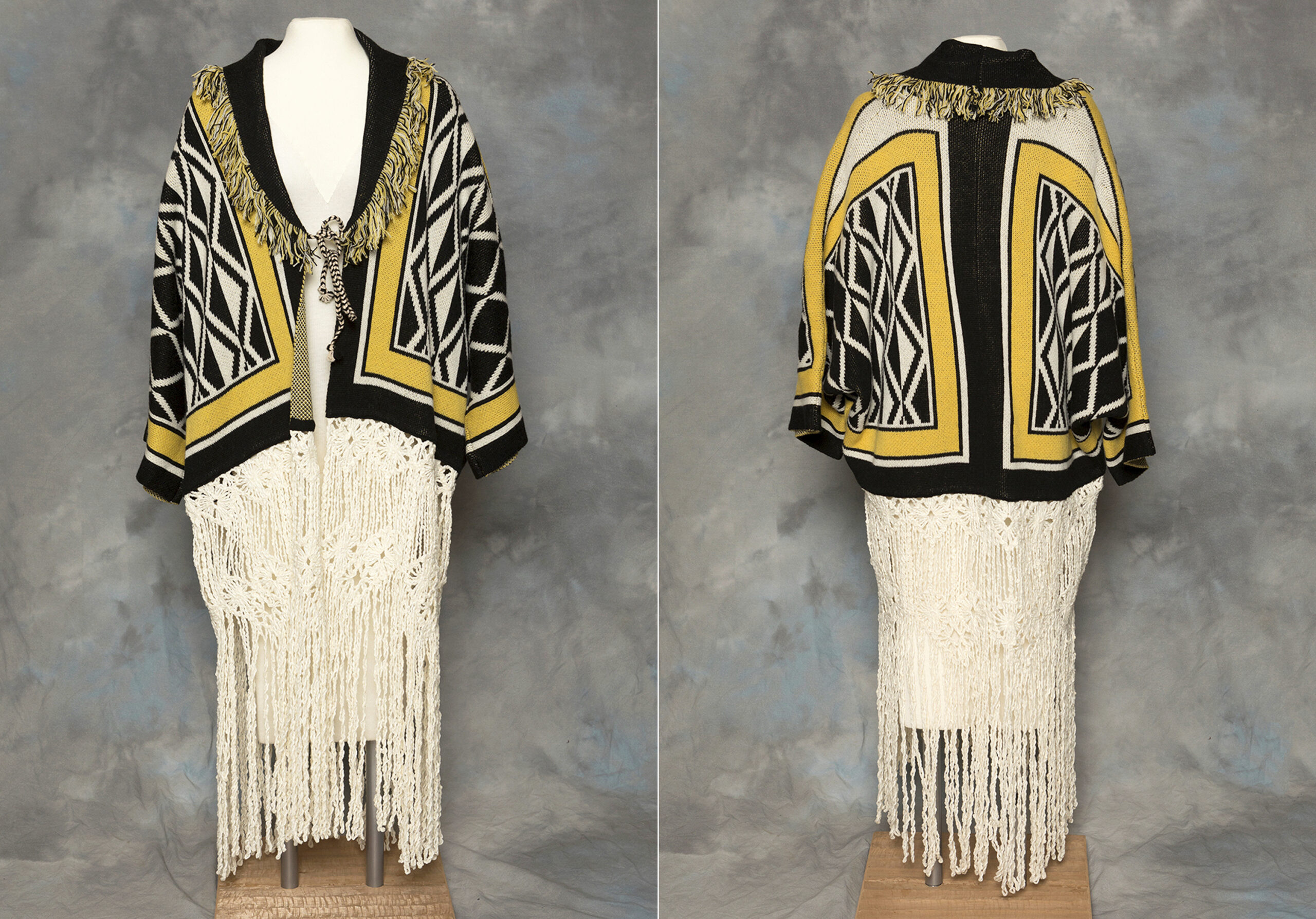 This combination of photos provided by the Sealaska Hertiage Institute in Juneau, Alaska, shows the front and back of a Tlingit Ravenstail coat. An Alaska Native cultural organization and the luxury department store Neiman Marcus have settled a lawsuit over the sale of a coat with a copyrighted, geometric design borrowed from indigenous culture. (Brian Wallace/Sealaska Heritage Institute via AP)