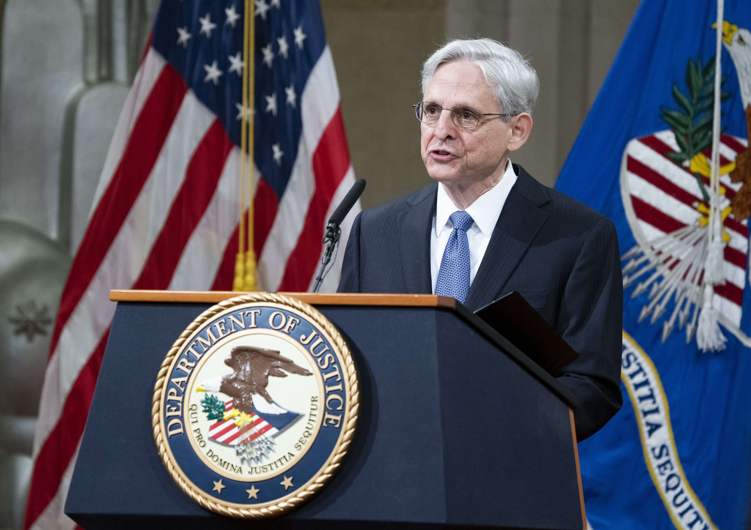 President Joe Biden's pick for attorney general Merrick Garland, addresses staff on his first day at the Department of Justice, Thursday, March 11, 2021, in Washington. Garland, a one time Supreme Court nominee under President Obama, was confirmed Wednesday by a Senate and will be sworn in later today. (Kevin Dietsch/Pool via AP)
