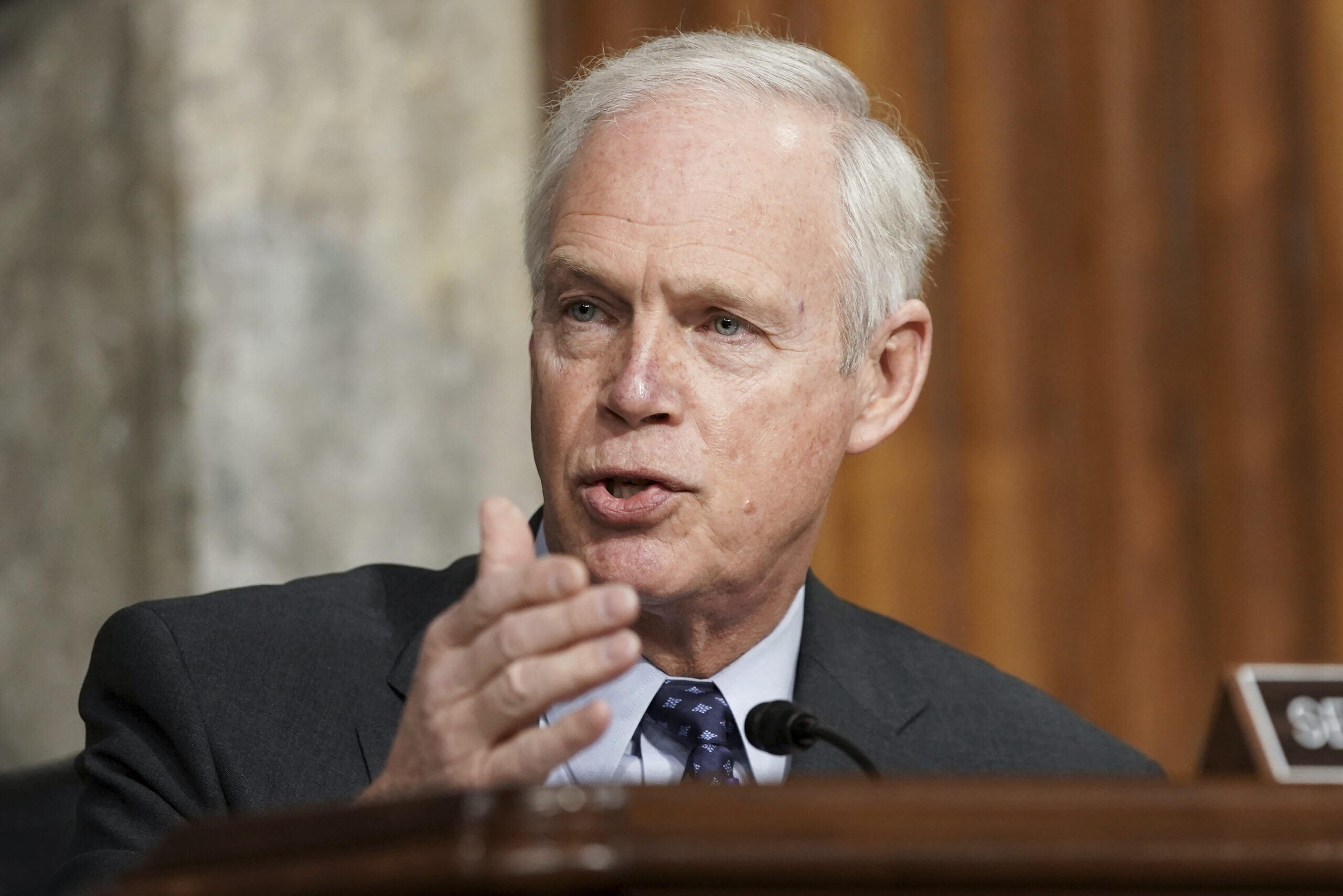 FILE - In this March 3, 2021 file photo, Sen. Ron Johnson, R-Wis., speaks during a Senate Committee on Homeland Security and Governmental Affairs and Senate Committee on Rules and Administration joint hearing examining the January 6, attack on the U.S. Capitol in Washington. Critics of Johnson are calling him racist after he told an interviewer on Thursday, March 11, that he wasn’t worried about the supporters of former President Donald Trump who stormed the U.S. Capitol in January, but might have been concerned if they had been Black Lives Matter protesters. (Greg Nash/Pool via AP)