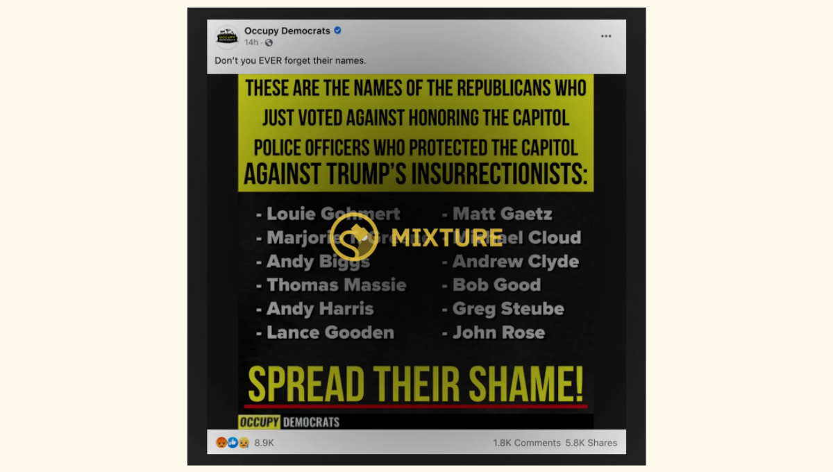 Occupy Democrats meme claimed 12 Republicans voted against giving Congressional Medals of Honor to Capitol Police
