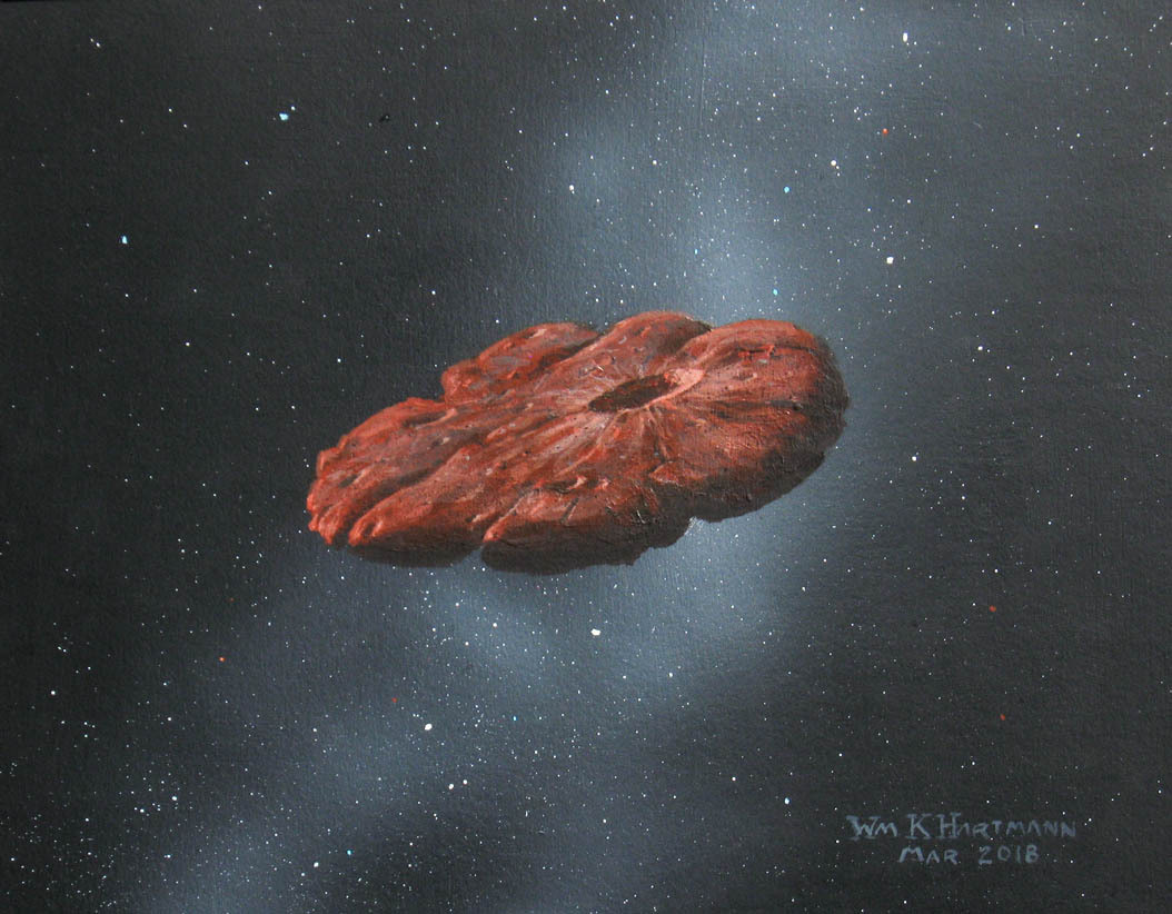 This 2018 illustration provided by William Hartmann and Michael Belton shows a depiction of the Oumuamua interstellar object as a pancake-shaped disk. A study published in March 2021 says the mystery object is likely a remnant of a Pluto-like world and shaped like a cookie. (William Hartmann and Michael Belton via AP)