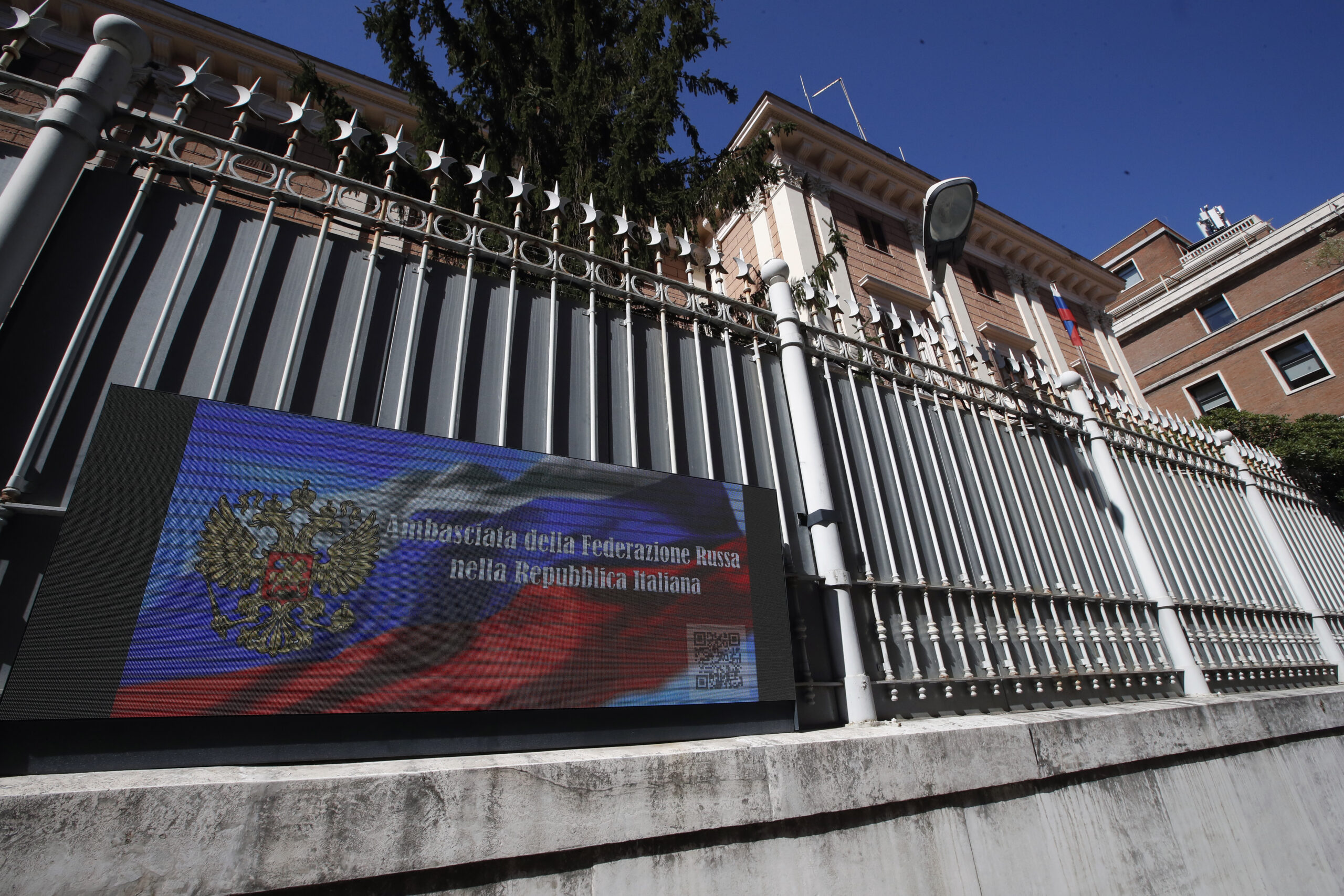 A view of the Russian Embassy in Rome, Wednesday, March 31, 2021. Italy has ordered two Russian Embassy officials expelled and arrested an Italian Navy captain on spying charges after police caught the Italian allegedly giving classified documents to one of the Russians in exchange for money. (AP Photo/Alessandra Tarantino)