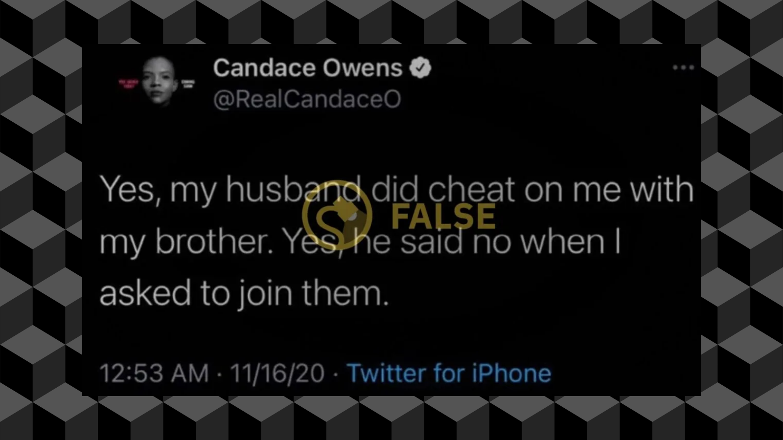 fake tweet about candace owen, her brother, and her husband