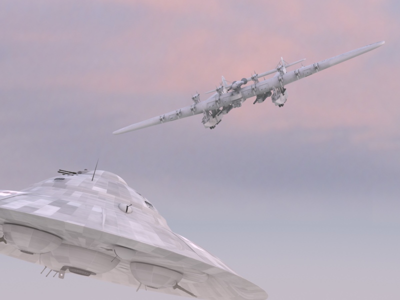 The Kalinin K-7 heavy bomber battles an unidentified foe in this 3-D rendering.