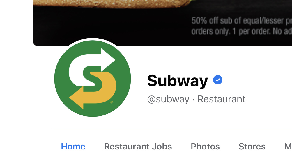 Unlike the fake page, the real Subway restaurants Facebook page has a white and blue verified badge.