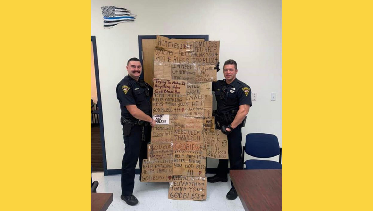 Mobile, Alabama, police officers once posed and smiled while holding a "homeless quilt" made up of confiscated cardboard signs.
