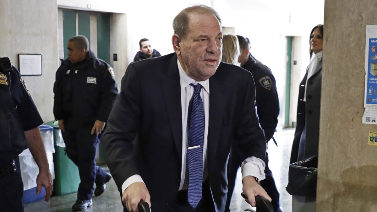 FILE — In this Feb. 21, 2020 file photo, Harvey Weinstein arrives at a Manhattan court as jury deliberations continue in his rape trial, in New York. More than a year after Weinstein's rape conviction, his lawyers are demanding a new trial, arguing in court papers Monday, April 5, 2021, that the landmark #MeToo prosecution that put him behind bars was buoyed by improper rulings from a judge who was "cavalier" in protecting the disgraced movie mogul's right to a fair trial. (AP Photo/Richard Drew, File)