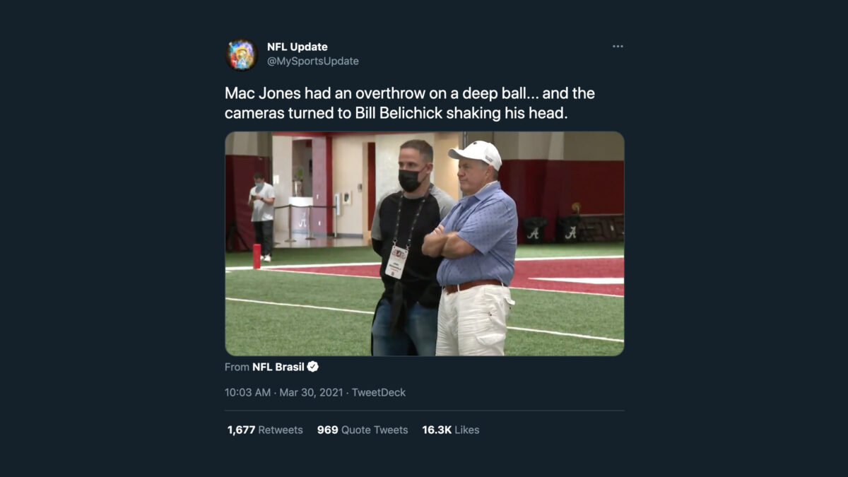 Bill Belichick purportedly reacted to a Mac Jones overthrow at an Alabama football pro day.