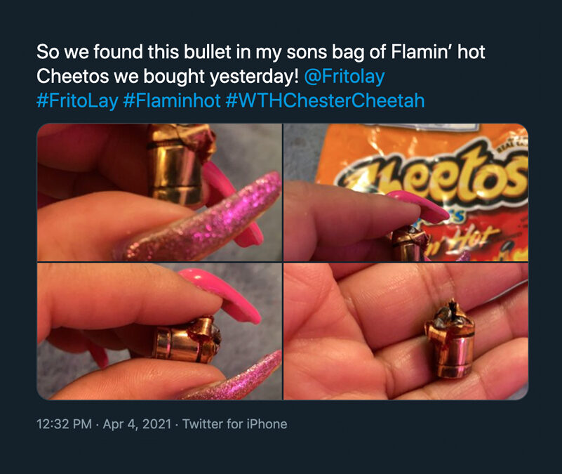 A 6-year-old boy purportedly found a bullet in a bag of Cheetos Puffs Flamin Hot.