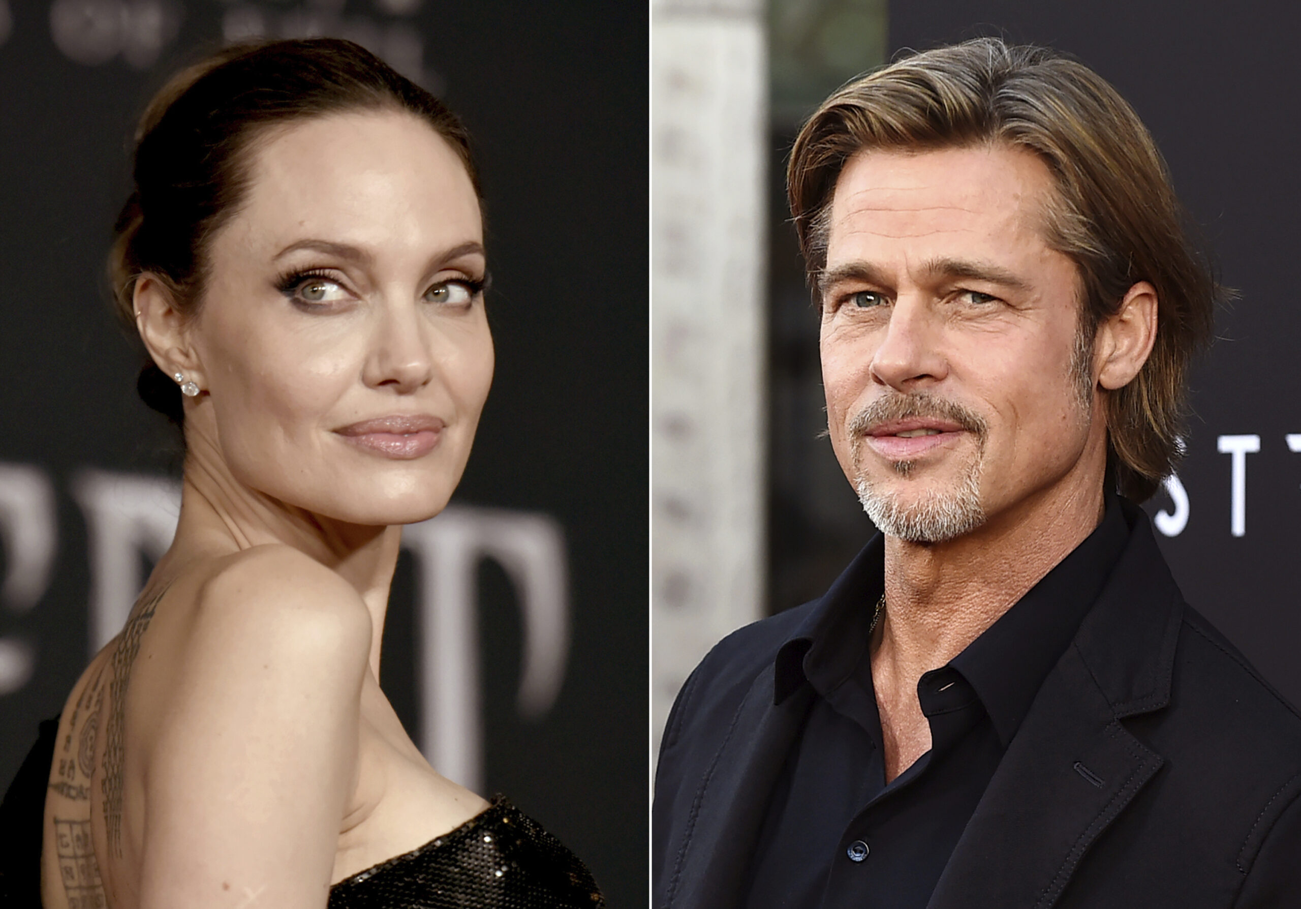 This combination photo shows Angelina Jolie at a premiere in Los Angeles on Sept. 30, 2019, left, and Brad Pitt at a special screening on Sept. 18, 2019. Jolie criticized a judge deciding on custody arrangements for her and Pitt’s children during their divorce, saying in a court filing on Monday, May 24, 2021, that the judge refused to allow their kids to testify. (AP Photo/File)
