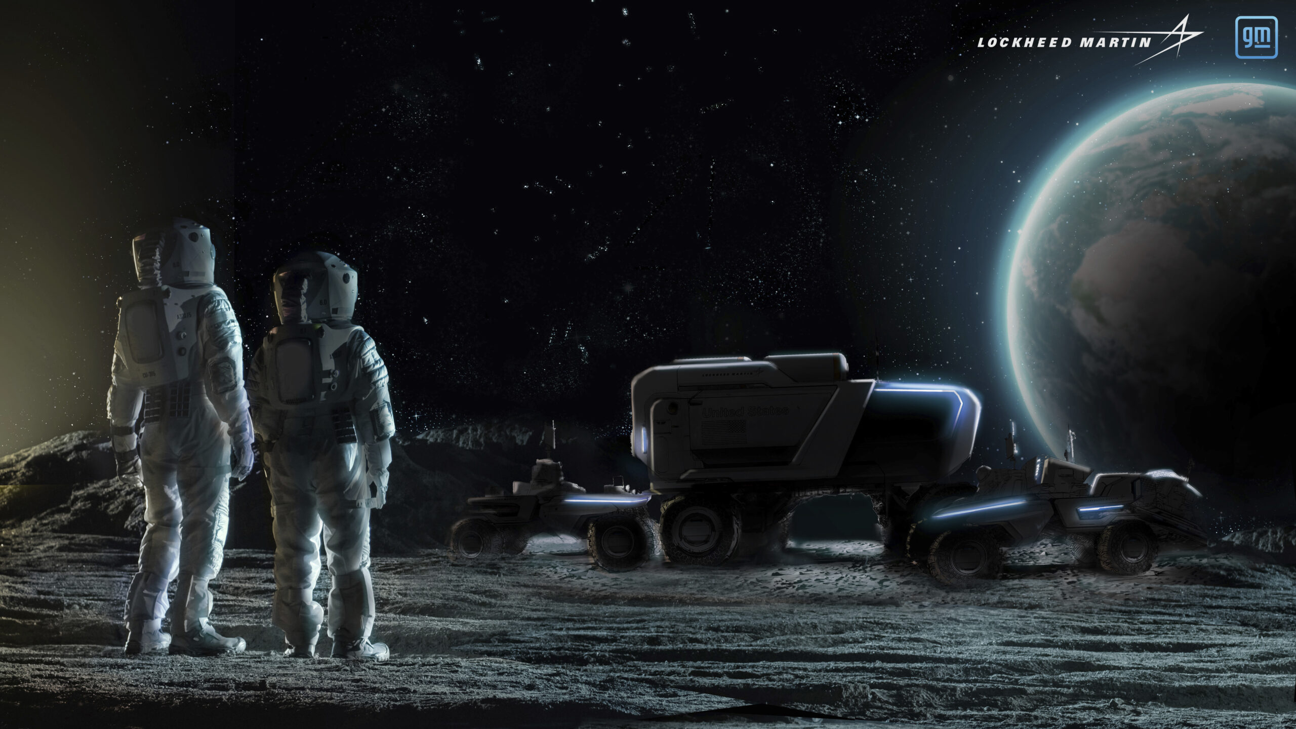 This illustration provided by General Motors and Lockheed Martin in May 2021 depicts astronauts and concepts of lunar rovers on the surface of the moon. On Wednesday, May 26, 2021, Lockheed and GM announced that they would combine their technological and manufacturing expertise to build the electric vehicles for NASA’s Artemis program, named after the twin sister of Apollo in Greek mythology. (Lockheed Martin, GM via AP)