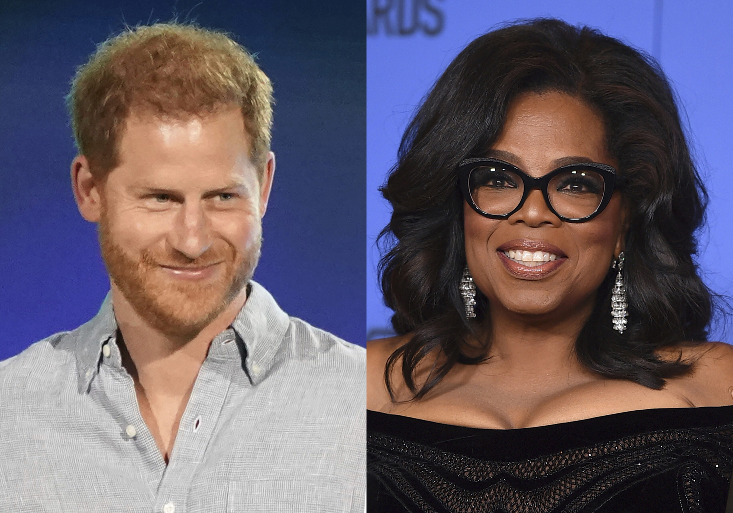 Prince Harry, Duke of Sussex speaks at "Vax Live: The Concert to Reunite the World" in Inglewood, Calif. on May 2, 2021, left, and Oprah Winfrey appears at the 75th annual Golden Globe Awards in Beverly Hills, Calif. on Jan. 7, 2018. Winfrey and Prince Harry's series "The Me You Can't See" will debut on May 21 on Apple TV+ plus. (AP Photo)