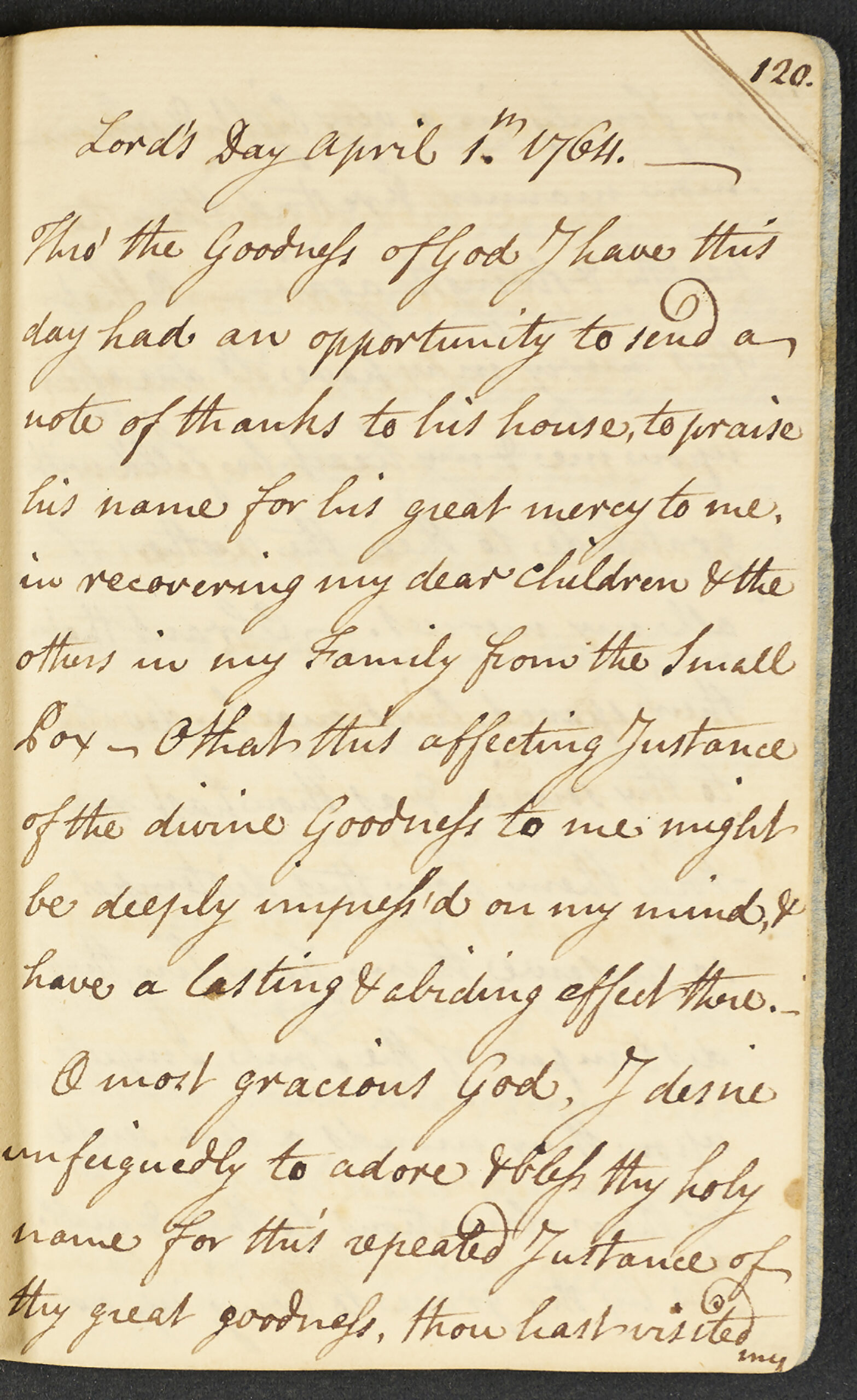 In this image provided by the American Ancestors & New England Historic Genealogical Society, a digitized copy of a page from a handwritten 18th century diary by the Rev. Ebenezer Storer, during a period of smallpox, in Boston, shows an April 1764 entry that includes a prayer Storer wrote weeks after arranging to have his own children inoculated. In the prayer, Storer gives thanks for the recovery of family members from the disease. (American Ancestors & New England Historic Genealogical Society via AP)