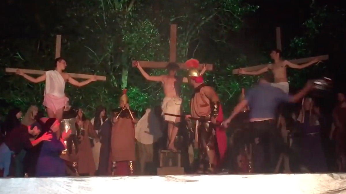 A man attacked a Roman soldier actor at an Easter passion play in Brazil with a motorcycle helmet and the TikTok video was captioned me going back in time to help Jesus.
