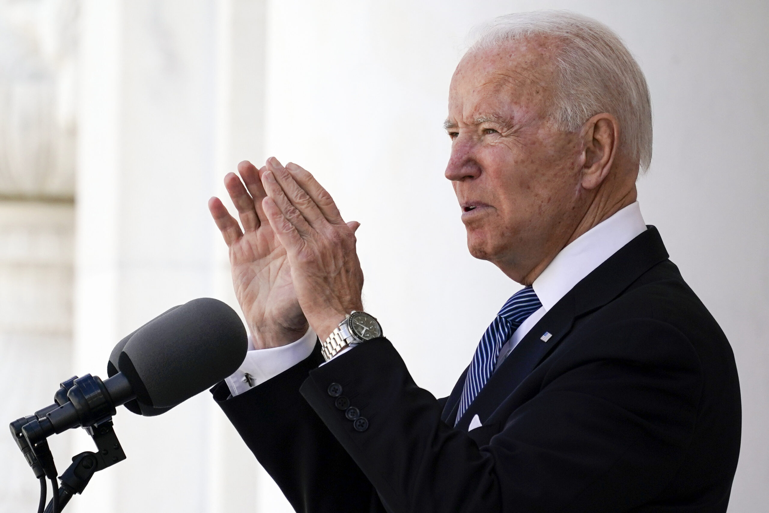 President Joe Biden speaks at Arlington National Cemetery on Memorial Day, Monday, May 31, 2021, in Arlington, Va.( Biden on Tuesday will take part in a remembrance of one of the nation’s darkest _ and largely forgotten _ moments of racial violence, marking the 100th anniversary of a massacre in Tulsa, Oklahoma that wiped out a thriving Black community. AP Photo/Alex Brandon)
