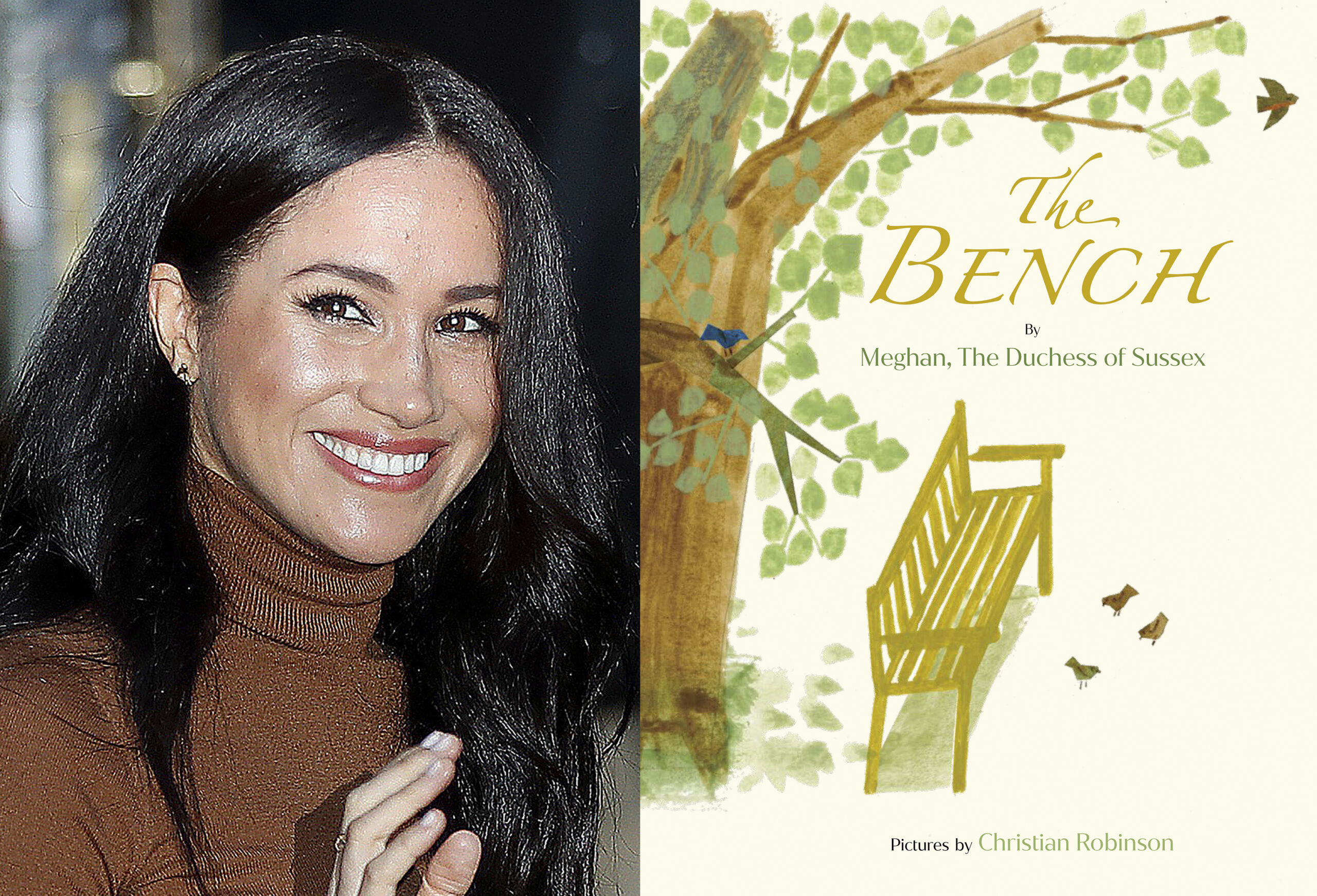 This combination photo shows Meghan, Duchess of Sussex leaving Canada House in London, on Jan. 7, 2020, left, and cover art for her upcoming children's book "The Bench," with pictures by Christian Robinson. The book publishes on June 8. (AP Photo, left, and Random House Children's Books via AP)