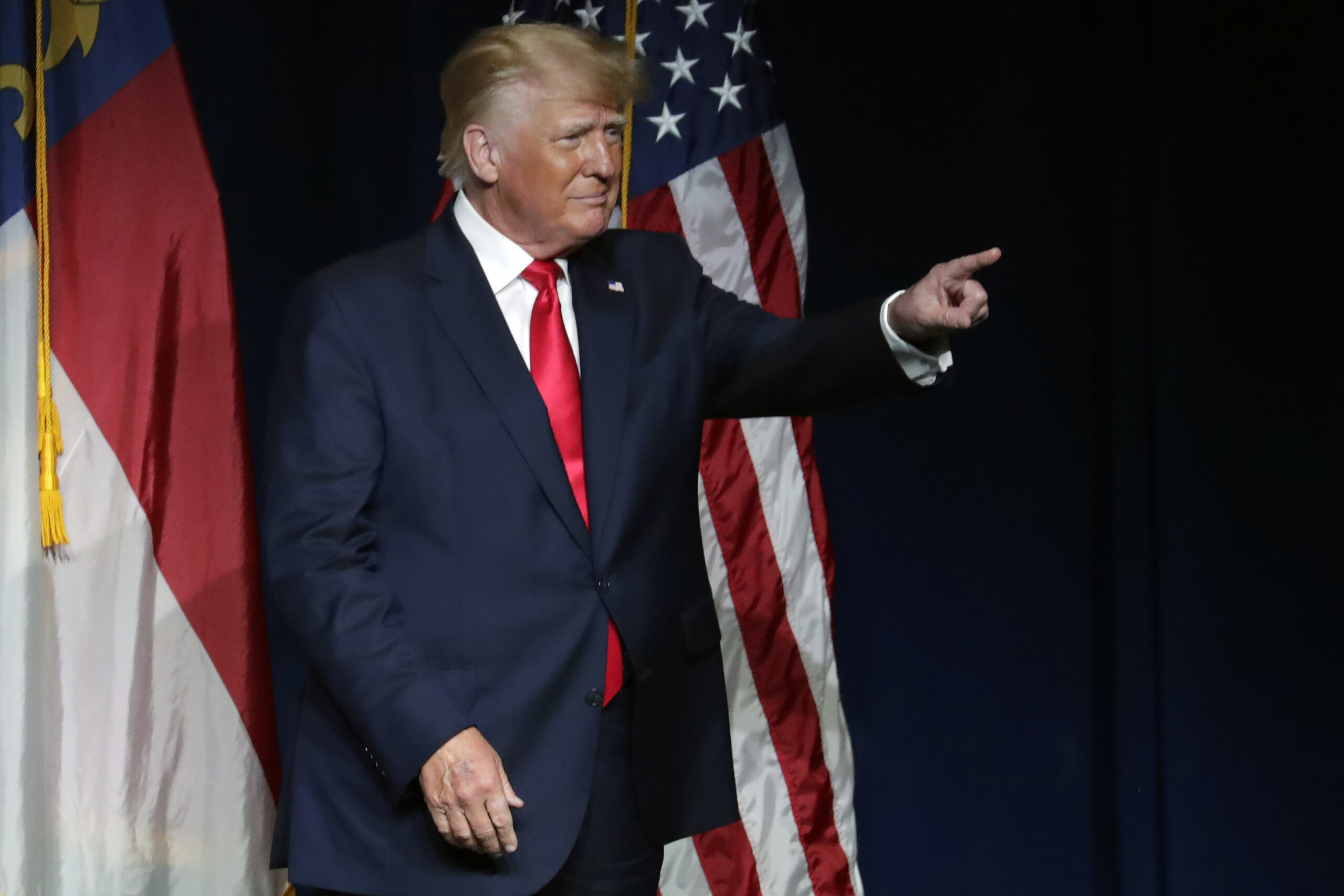 Former President Donald Trump acknowledges the crowd as he speaks at the North Carolina Republican Convention Saturday, June 5, 2021, in Greenville, N.C. (AP Photo/Chris Seward)