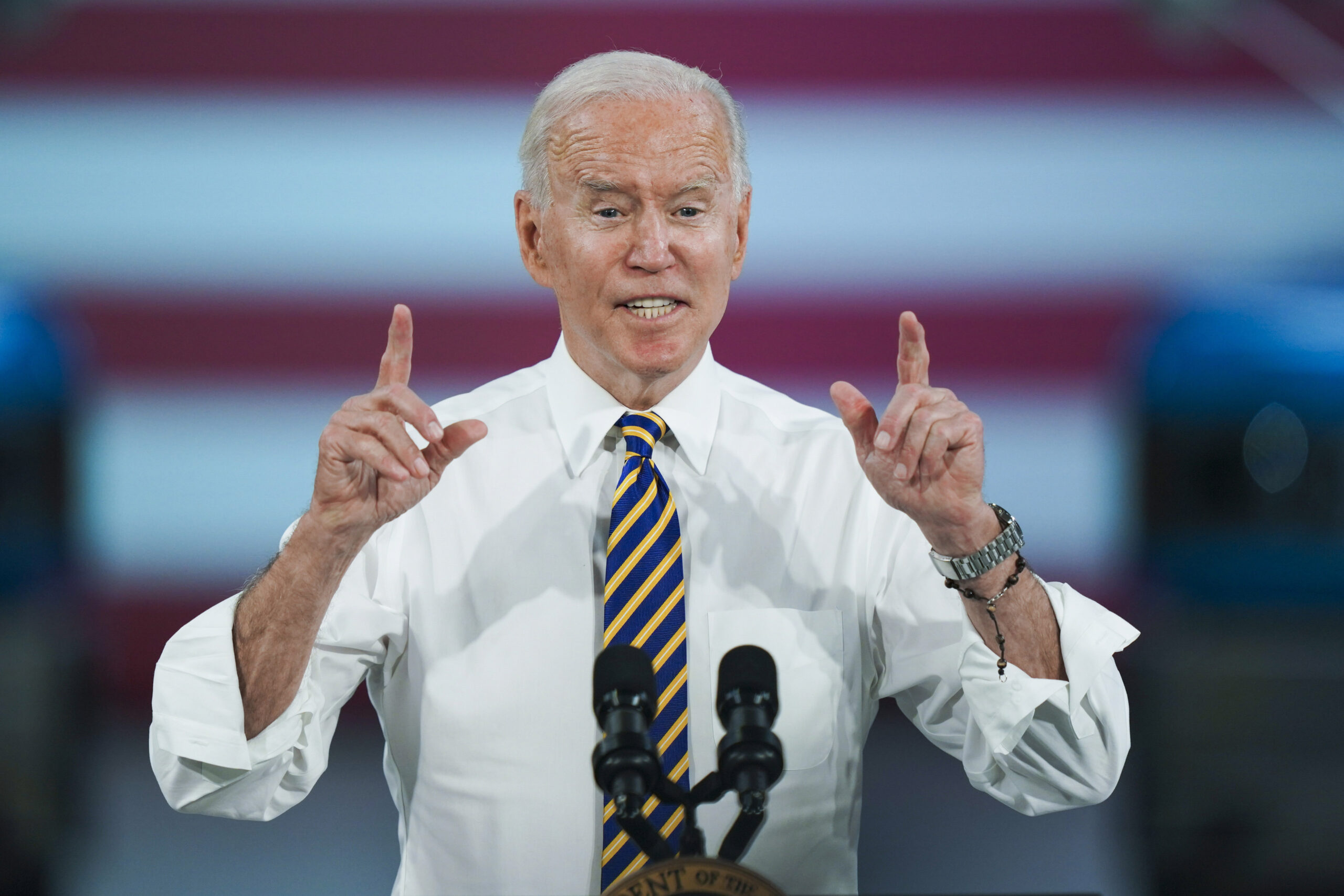 President Joe Biden speaks during a visit to the Lehigh Valley operations facility for Mack Trucks in Macungie, Pa., Wednesday, July 28, 2021. (AP Photo/Matt Rourke)