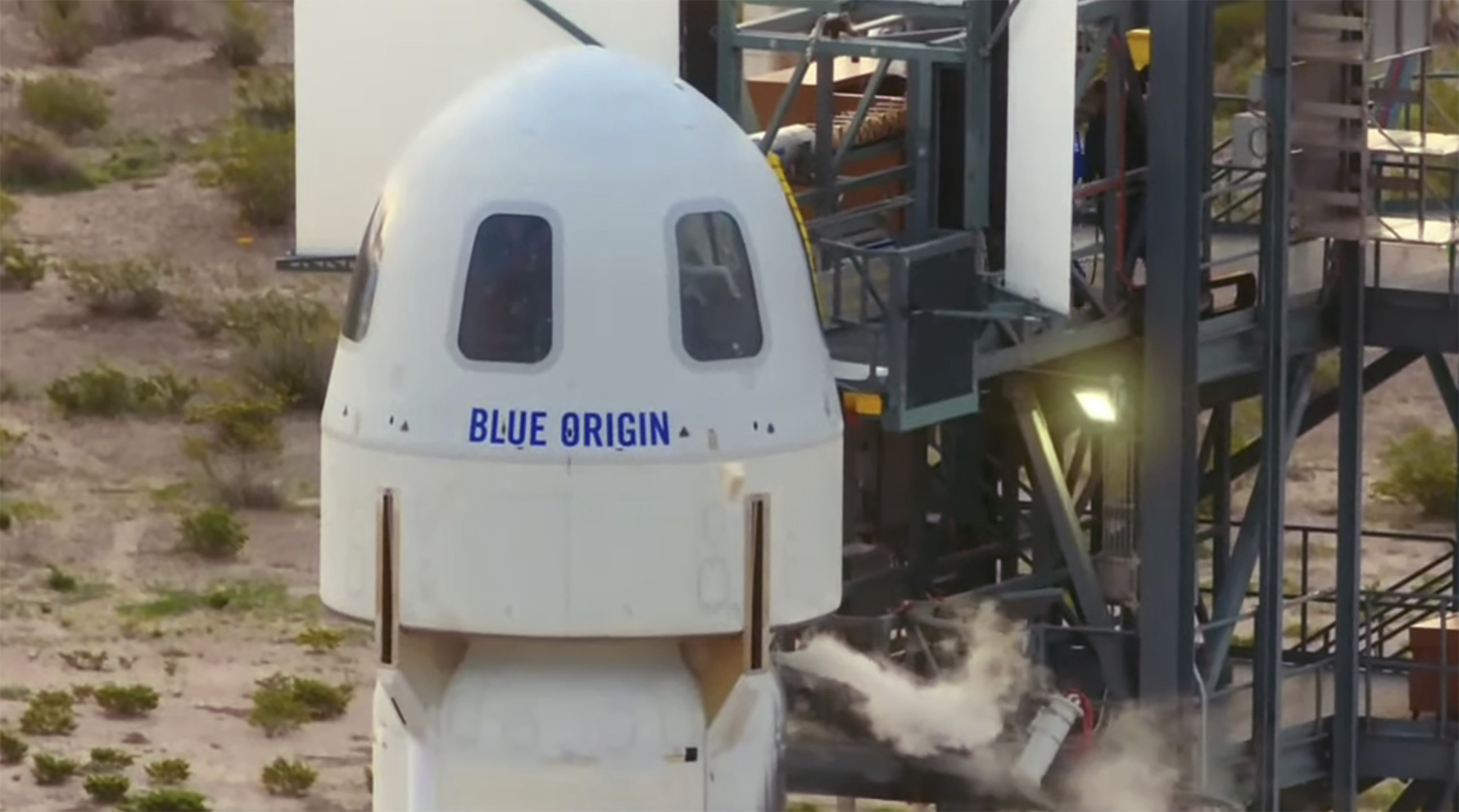 The passengers of the Blue Origin enter the capsule near Van Horn, Texas, Tuesday, July 20, 2021. The rocket is scheduled to launch later this morning will carry passengers Jeff Bezos, founder of Amazon and space tourism company Blue Origin, brother Mark Bezos, Oliver Daemen and Wally Funk. (Blue Origin via AP)